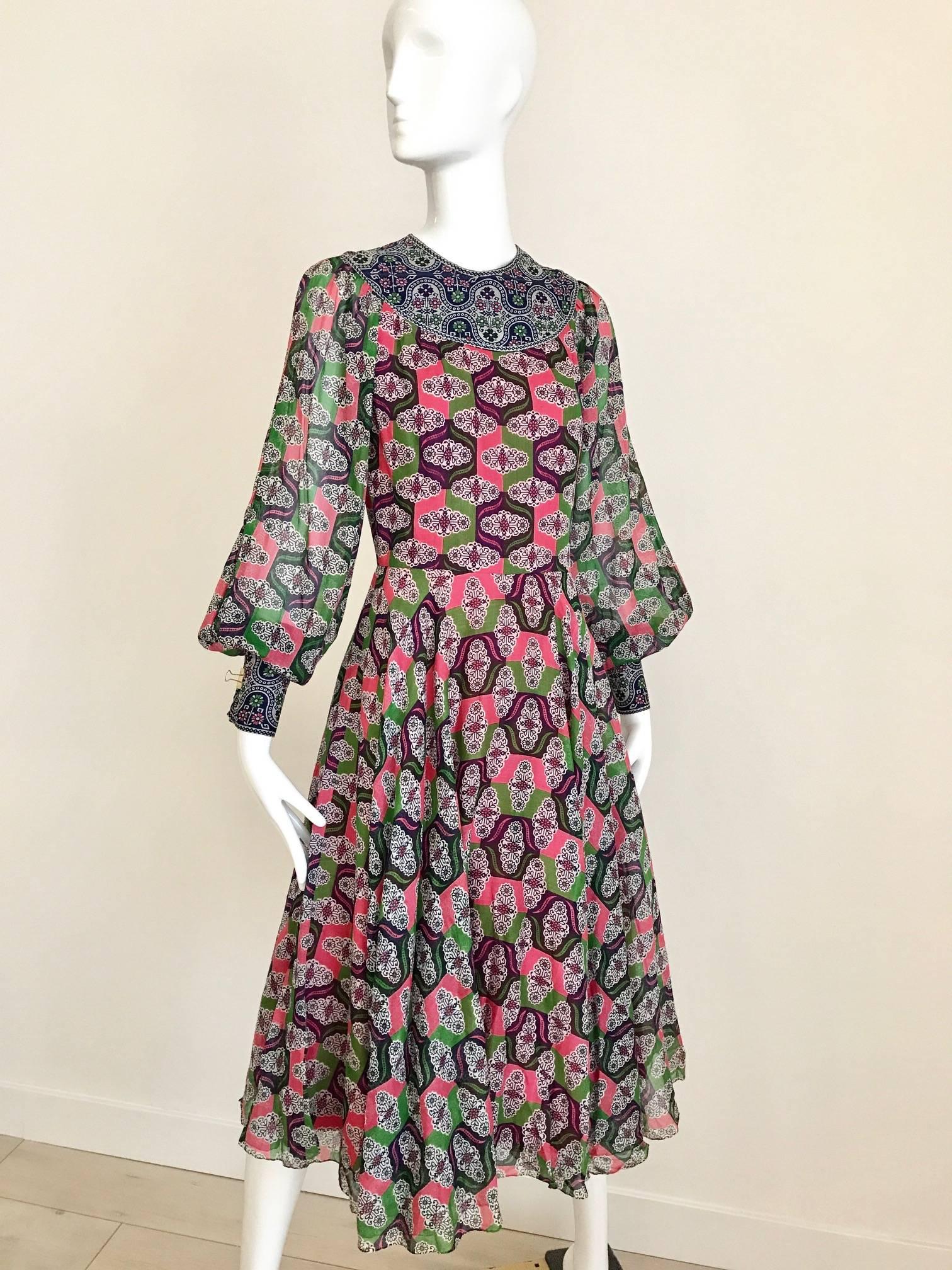 Gray  1970s Indian Print Multi Color Cotton 70s vintage Summer dress
