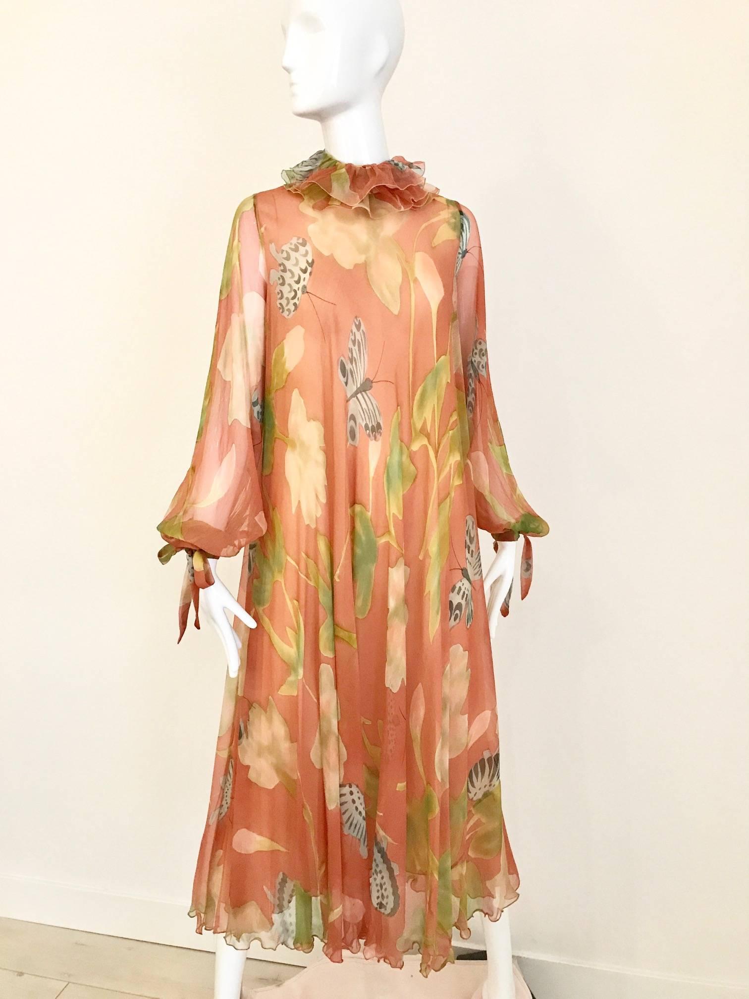 Orange 1970s Anna Weatherly Bohemian silk chiffon long sleeve dress