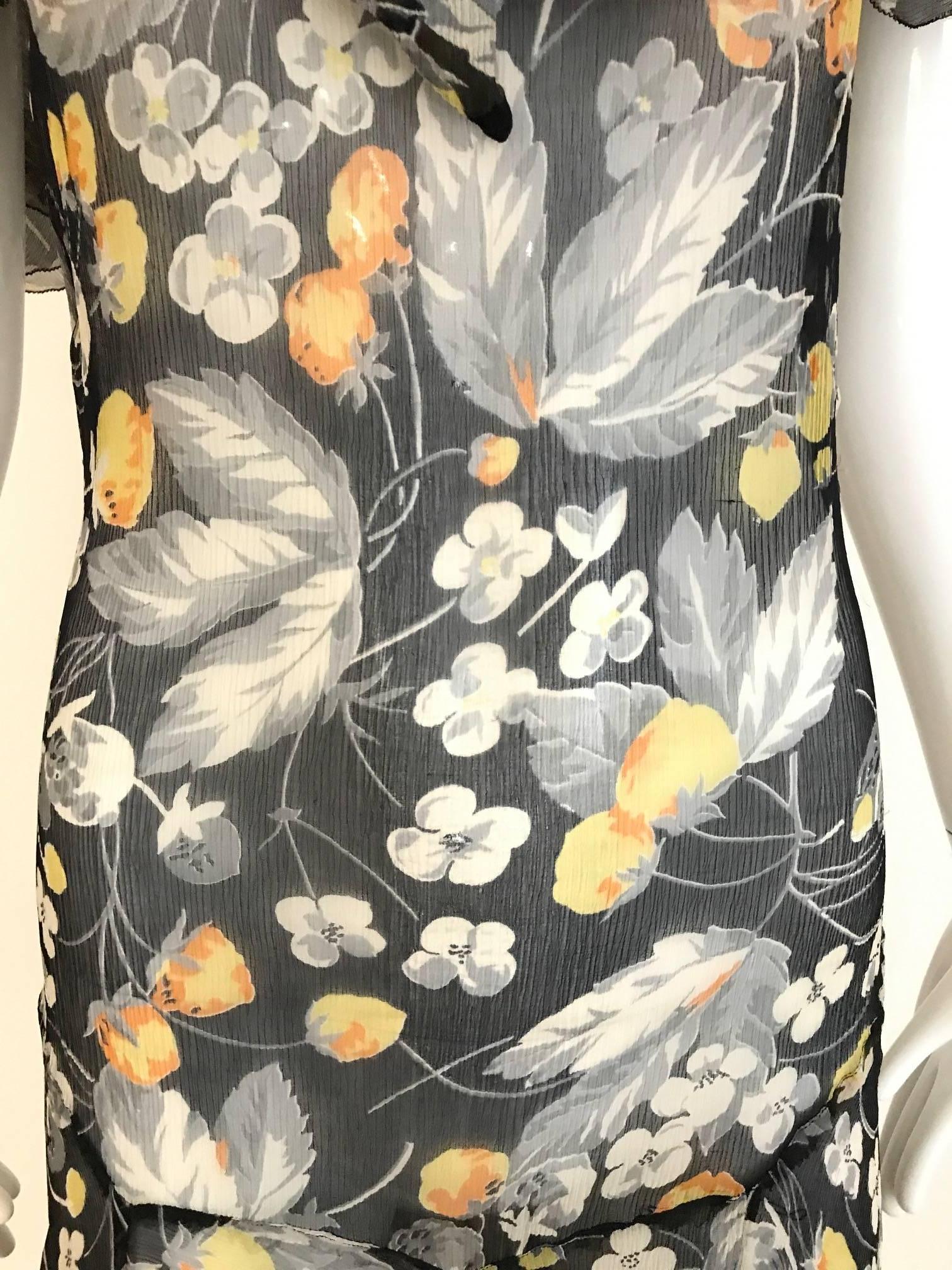 1930s floral print black, grey, orange floral print silk chiffon day dress For Sale 1