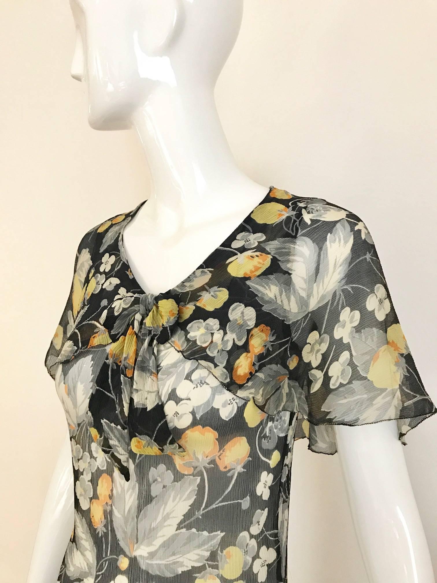 Gray 1930s floral print black, grey, orange floral print silk chiffon day dress For Sale