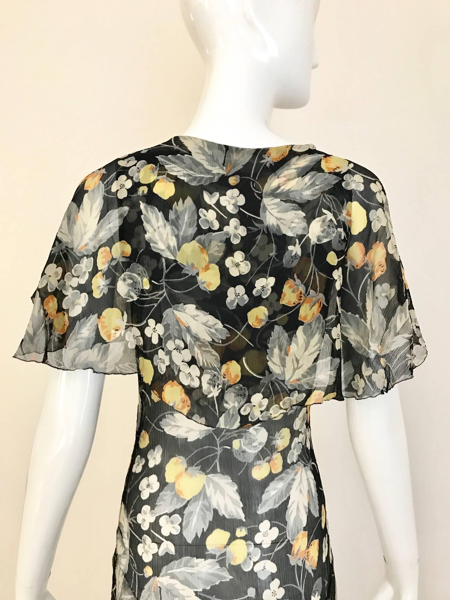 Women's 1930s floral print black, grey, orange floral print silk chiffon day dress For Sale