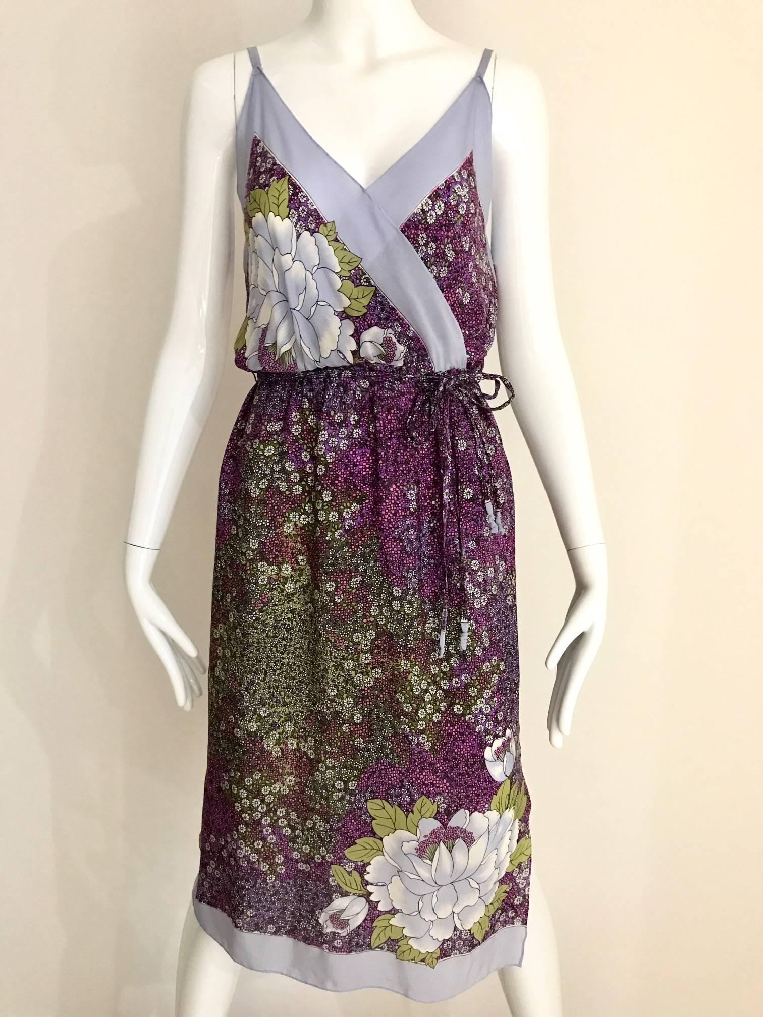 Gray 1970s Purple and Grey Floral Print Silk Summer Day Dress