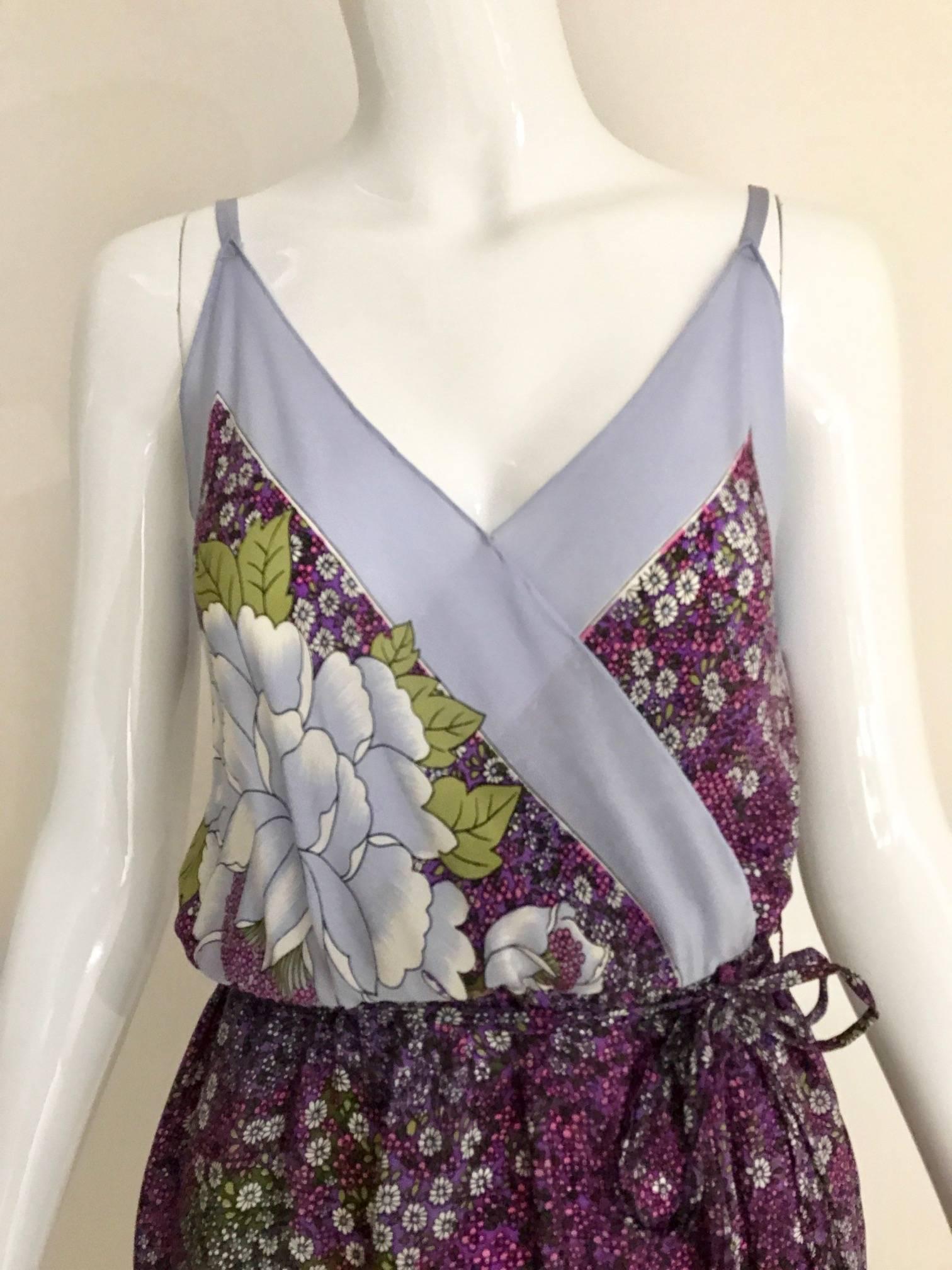 1970s Purple and Grey Floral Print Silk Summer Day Dress 1