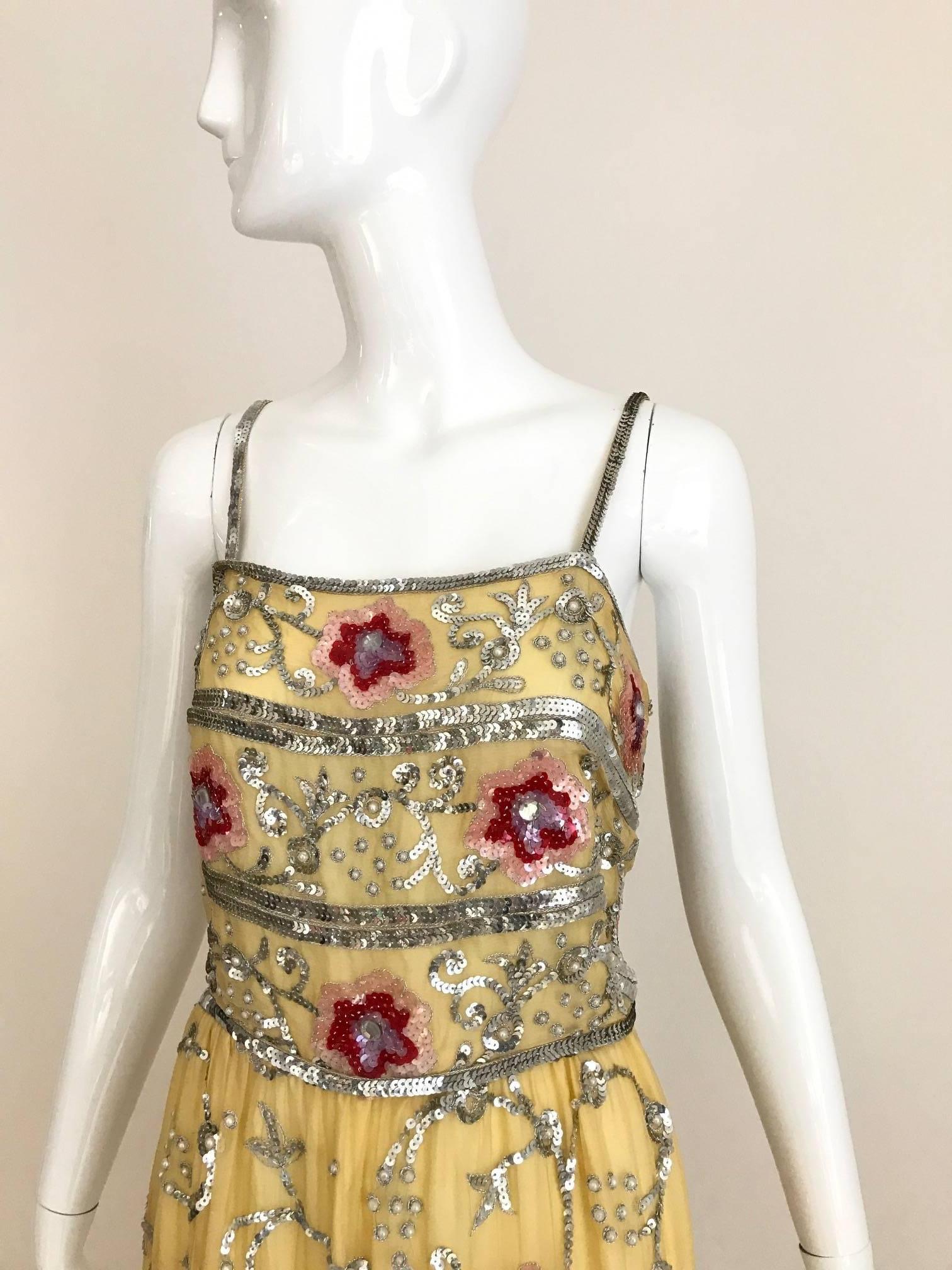 1960s yellow silk gown with red and silver sequin vintage embroidered gown For Sale 3
