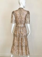 Vintage Metallic Taupe Lace Tiered Ruffled Cocktail 70s Dress