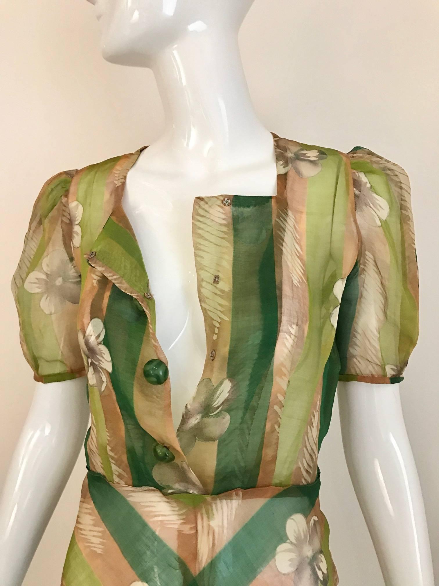 1930s Green floral print silk organza summer dress Damen