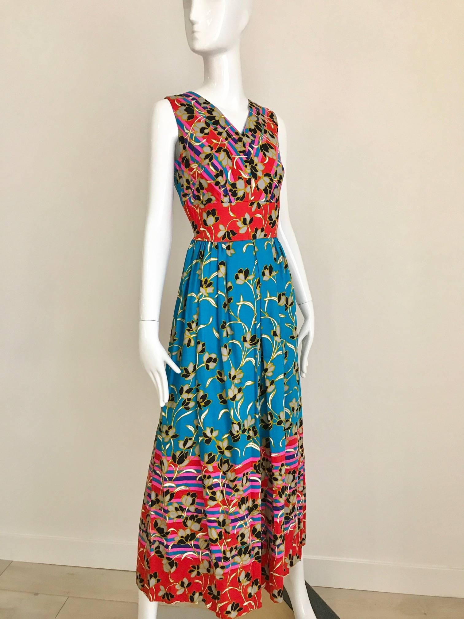 Blue 1970s Floral Print Cotton Sleeveless Summer Dress