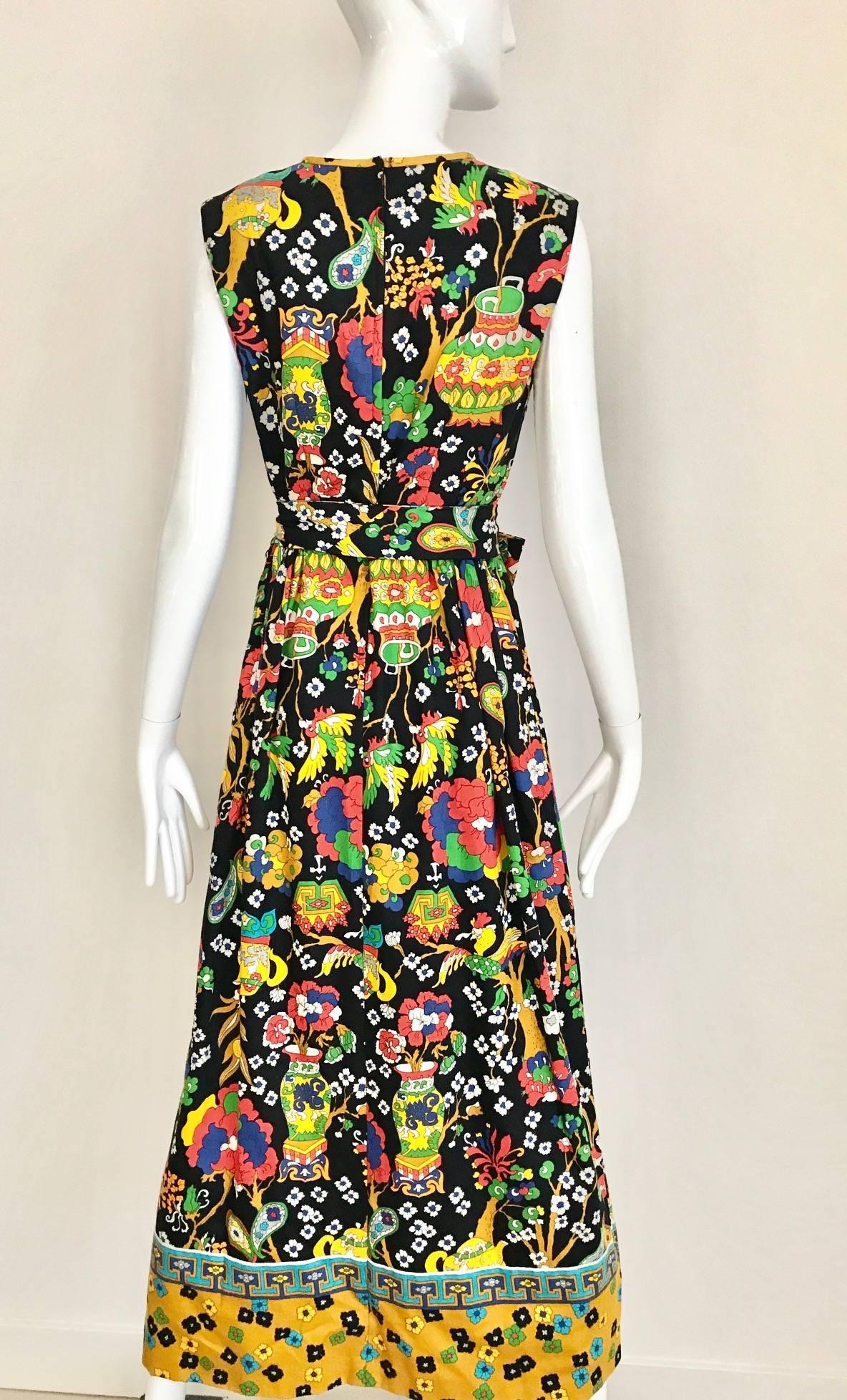 Black 1970s Multi Color Bold Print Sleeveless Cotton Maxi Dress