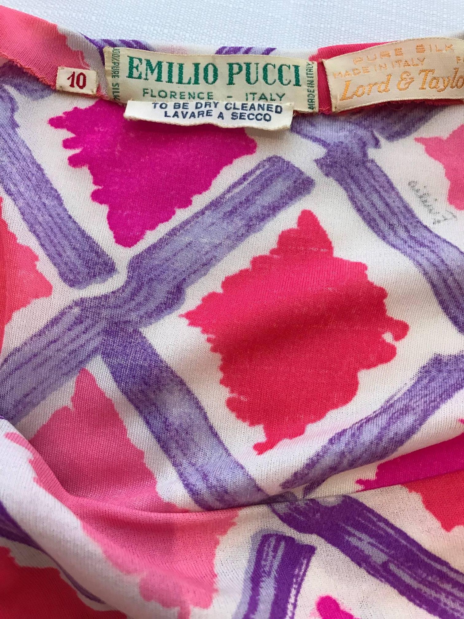 1960s Emilio Pucci Pink and Purple Geometric Print Jersey vintage day dress In Good Condition For Sale In Beverly Hills, CA