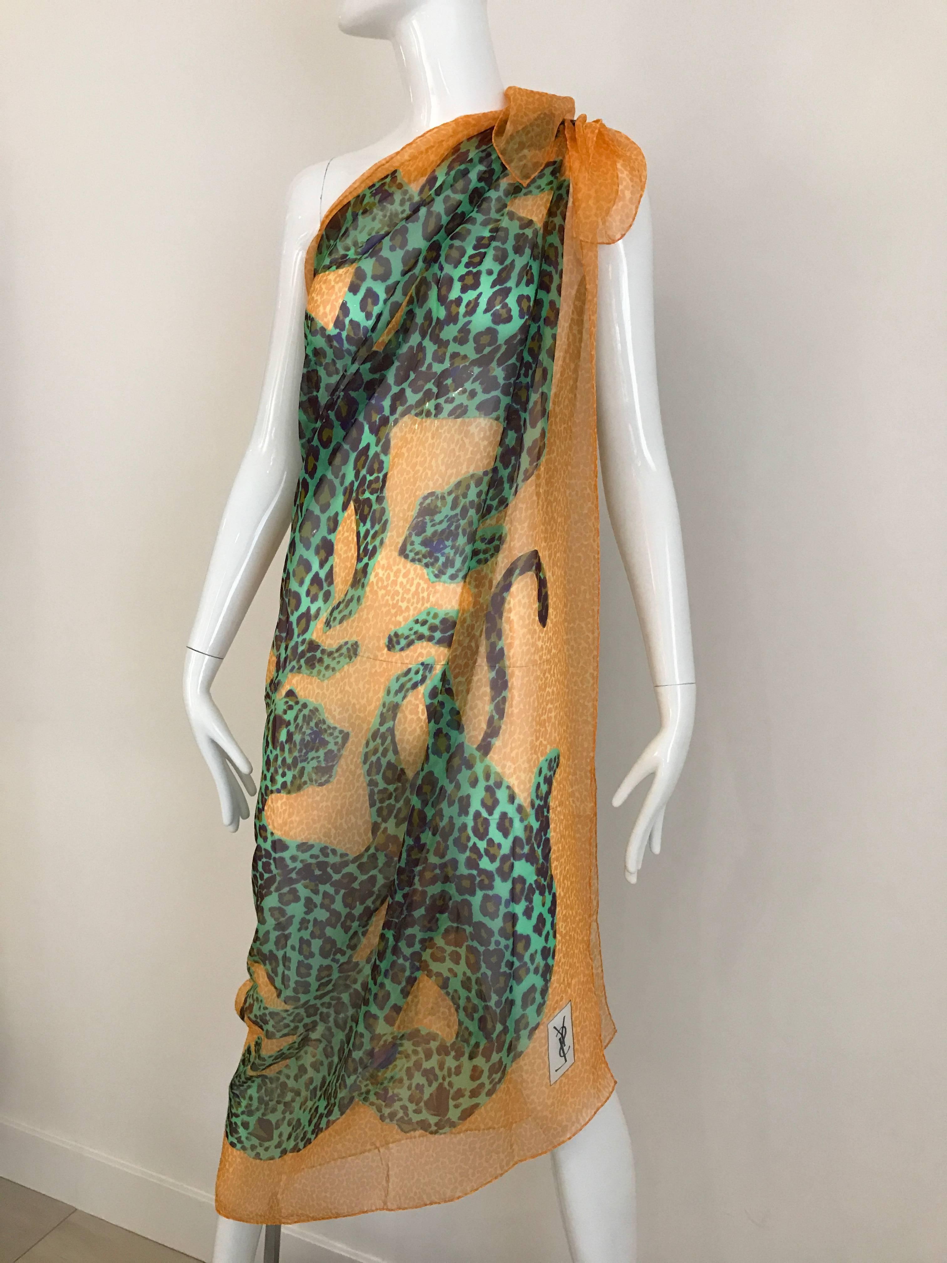 1980s Yves Saint Laurent Light Orange and Teal Leopard Print Large Silk Scarf 2