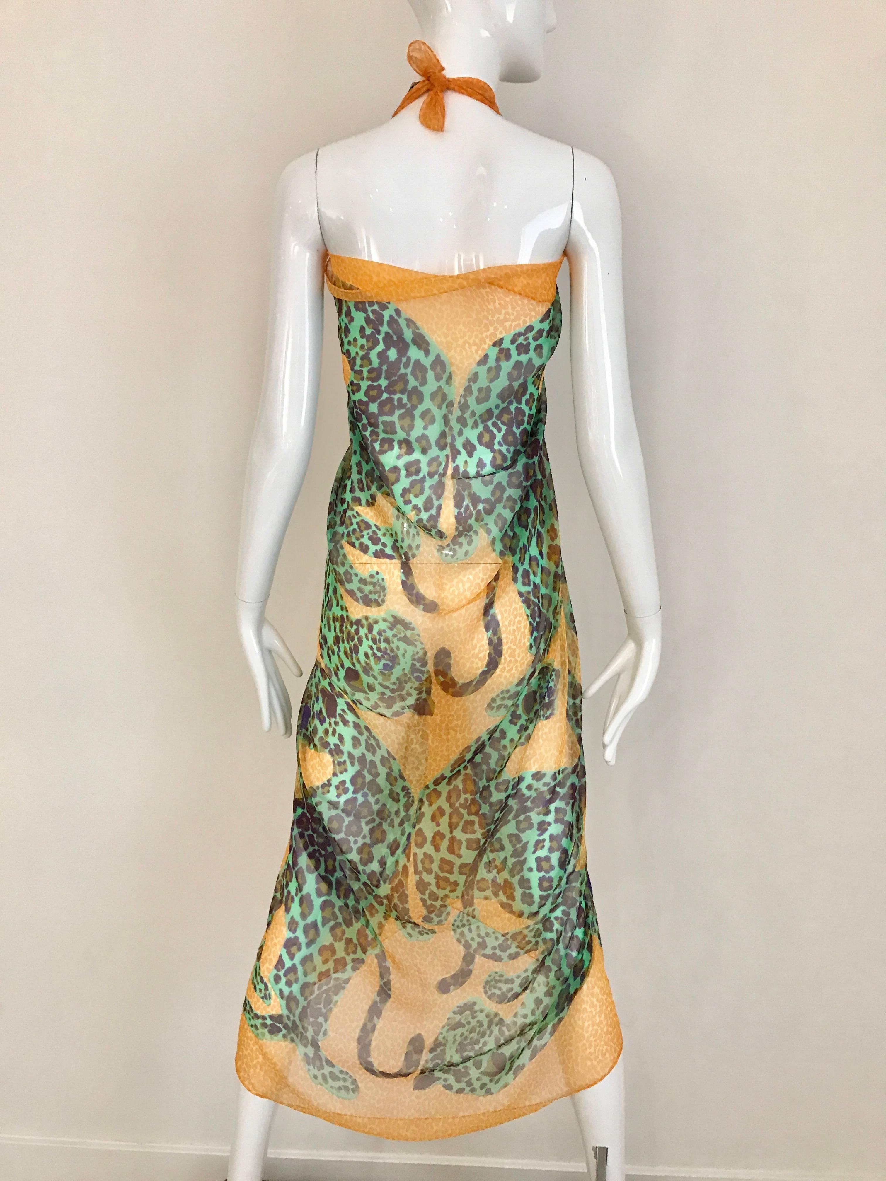 1980s Yves Saint Laurent Light Orange and Teal Leopard Print Large Silk Scarf In Excellent Condition In Beverly Hills, CA