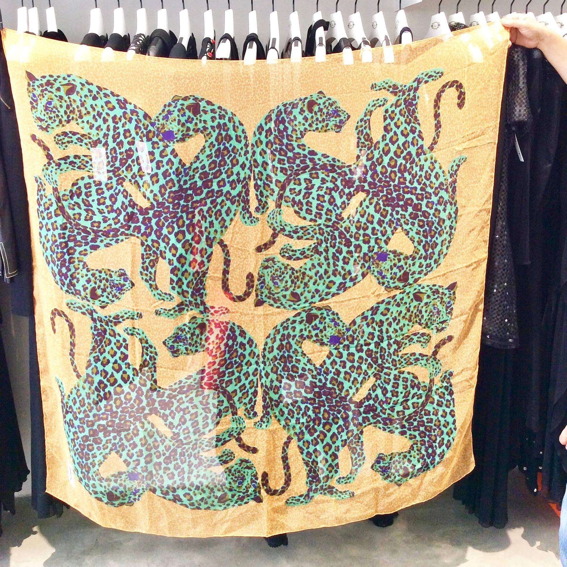 Women's 1980s Yves Saint Laurent Light Orange and Teal Leopard Print Large Silk Scarf
