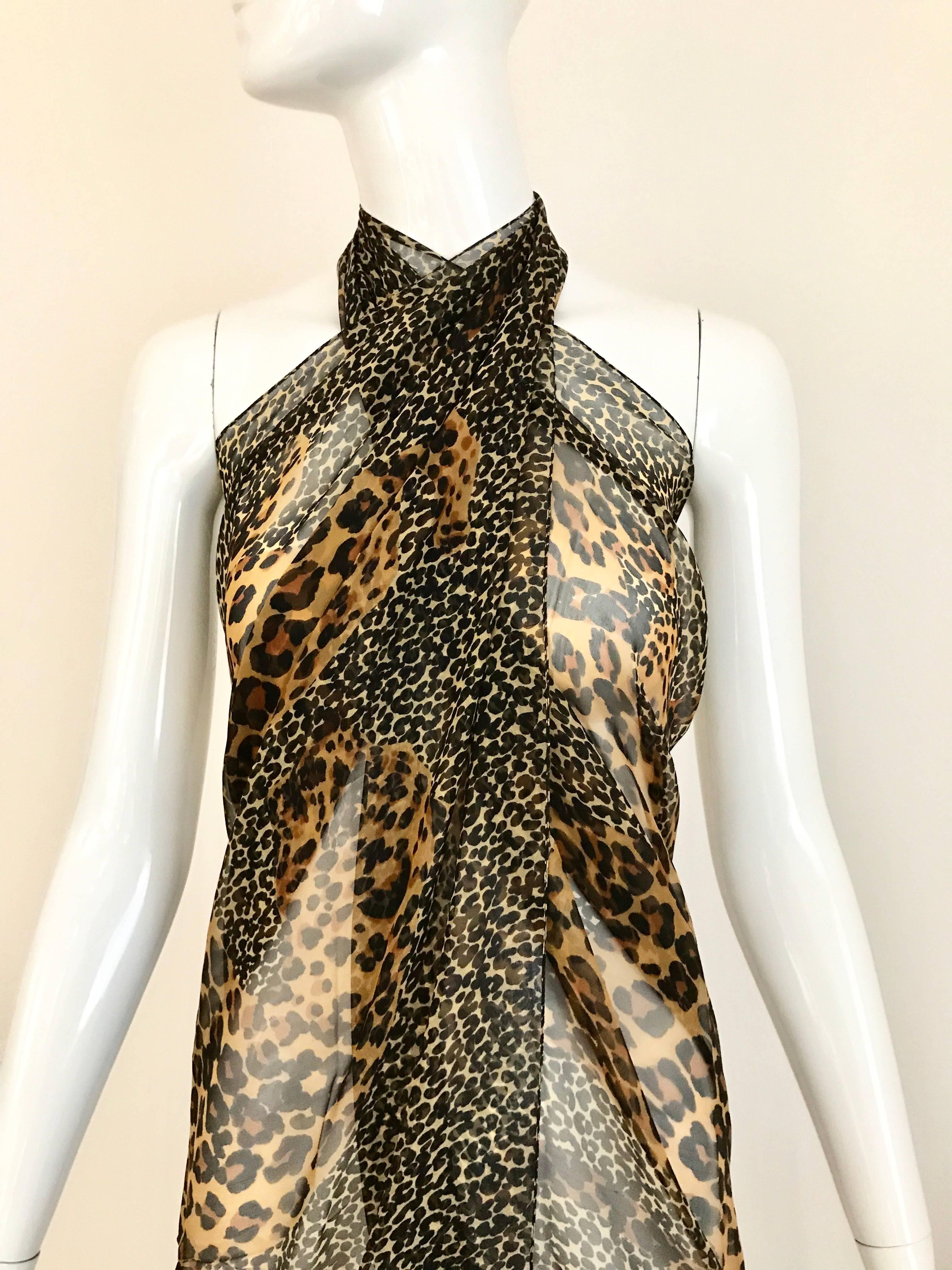 Brown 1980s Yves Saint Laurent Leopard Print Large Silk Scarf