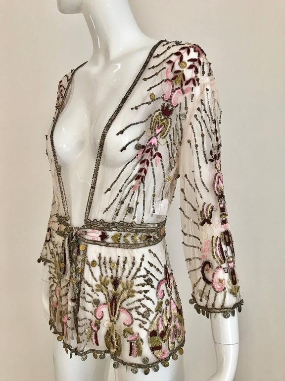 Roberto Cavalli Pale Pink Sheer Mesh Embroidered Beaded Cardigan Jacket