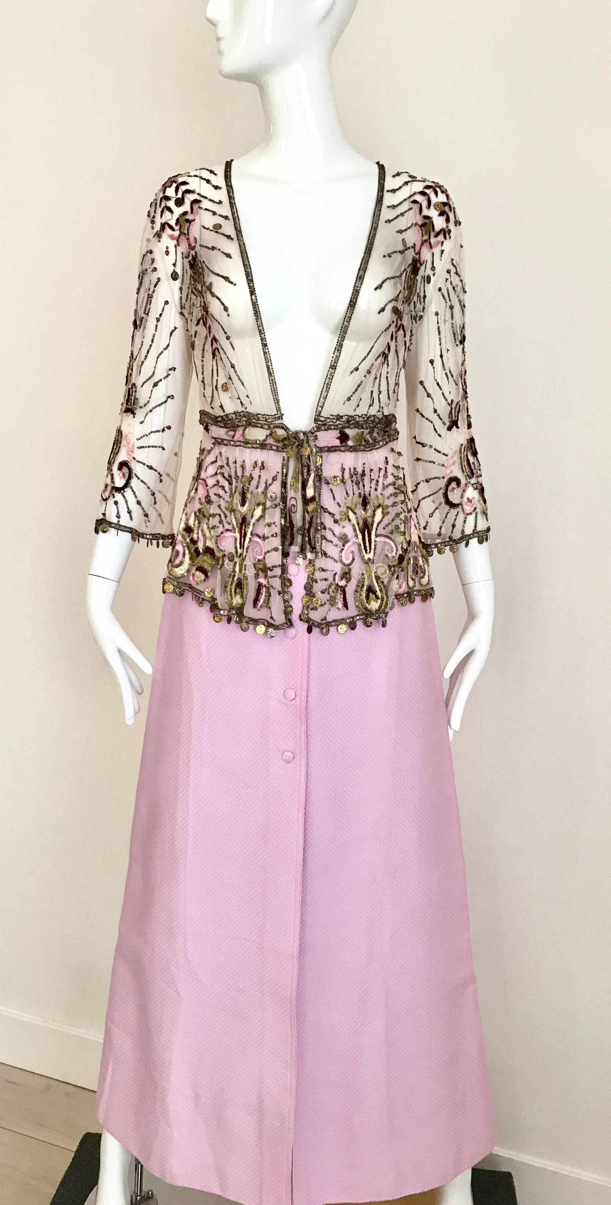 Roberto Cavalli Pale Pink Sheer Mesh Embroidered Beaded Cardigan Jacket In Excellent Condition In Beverly Hills, CA