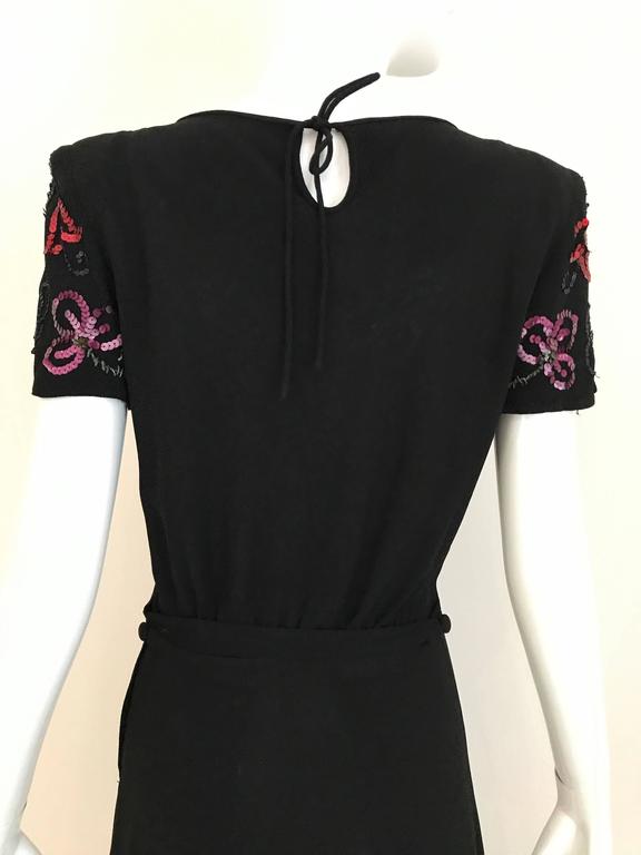 1940s Black Crepe Sheath Dress with Multi Color Sequins In Good Condition For Sale In Beverly Hills, CA