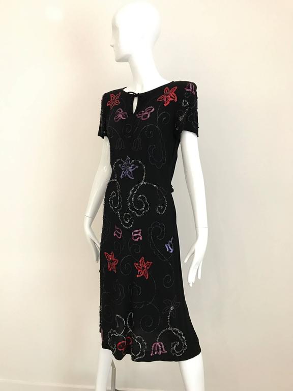 Women's 1940s Black Crepe Sheath Dress with Multi Color Sequins For Sale