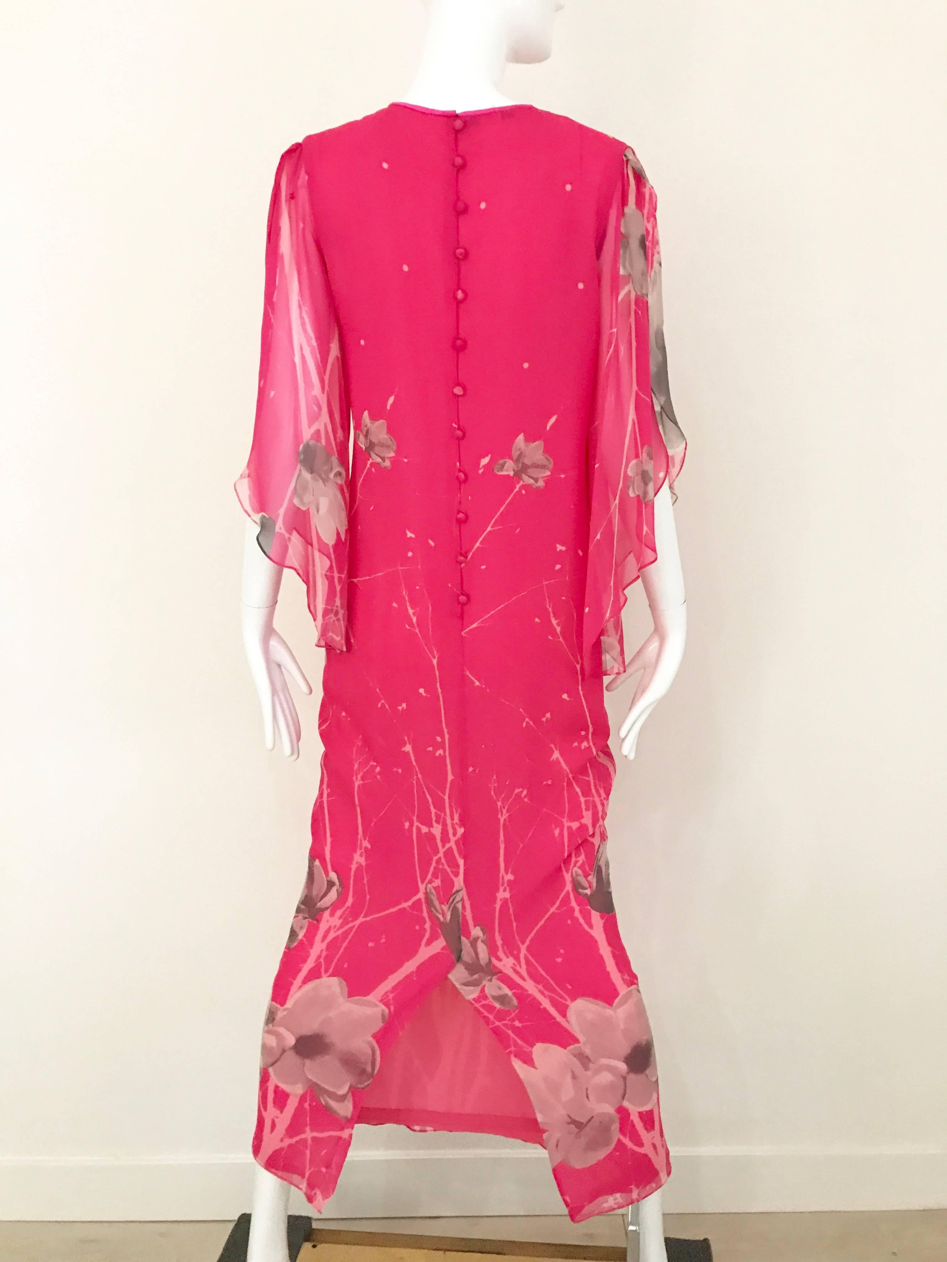1970s Hanae Mori Hot Pink Maxi Print Dress 2