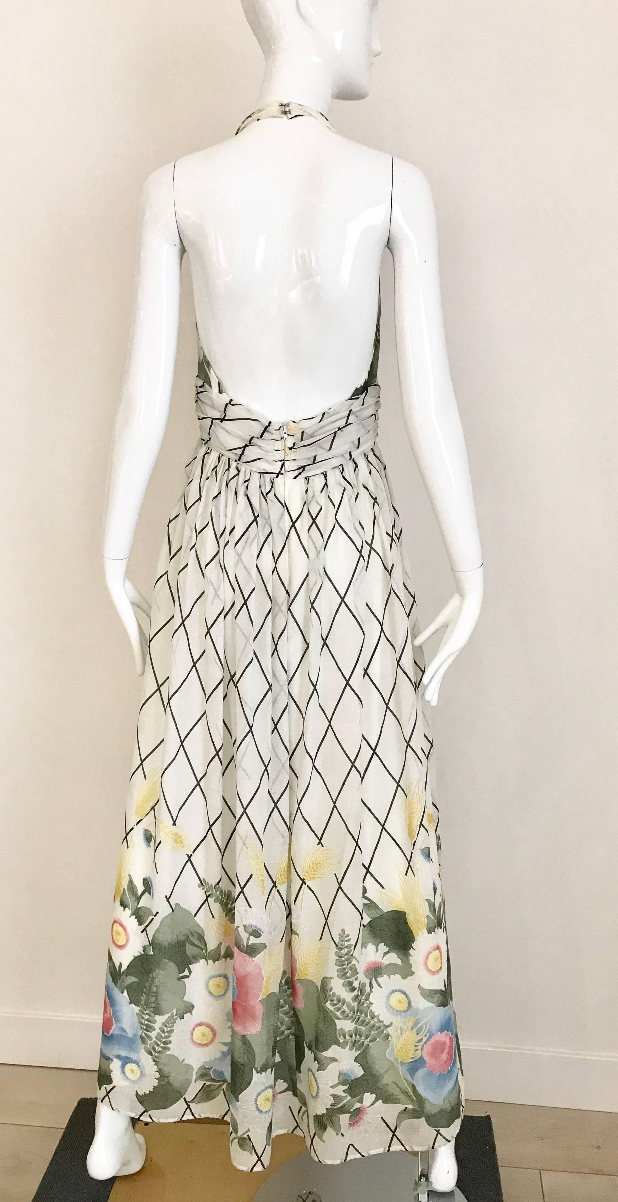 Gray 1970s White Cotton Floral Halter V Neck Dress