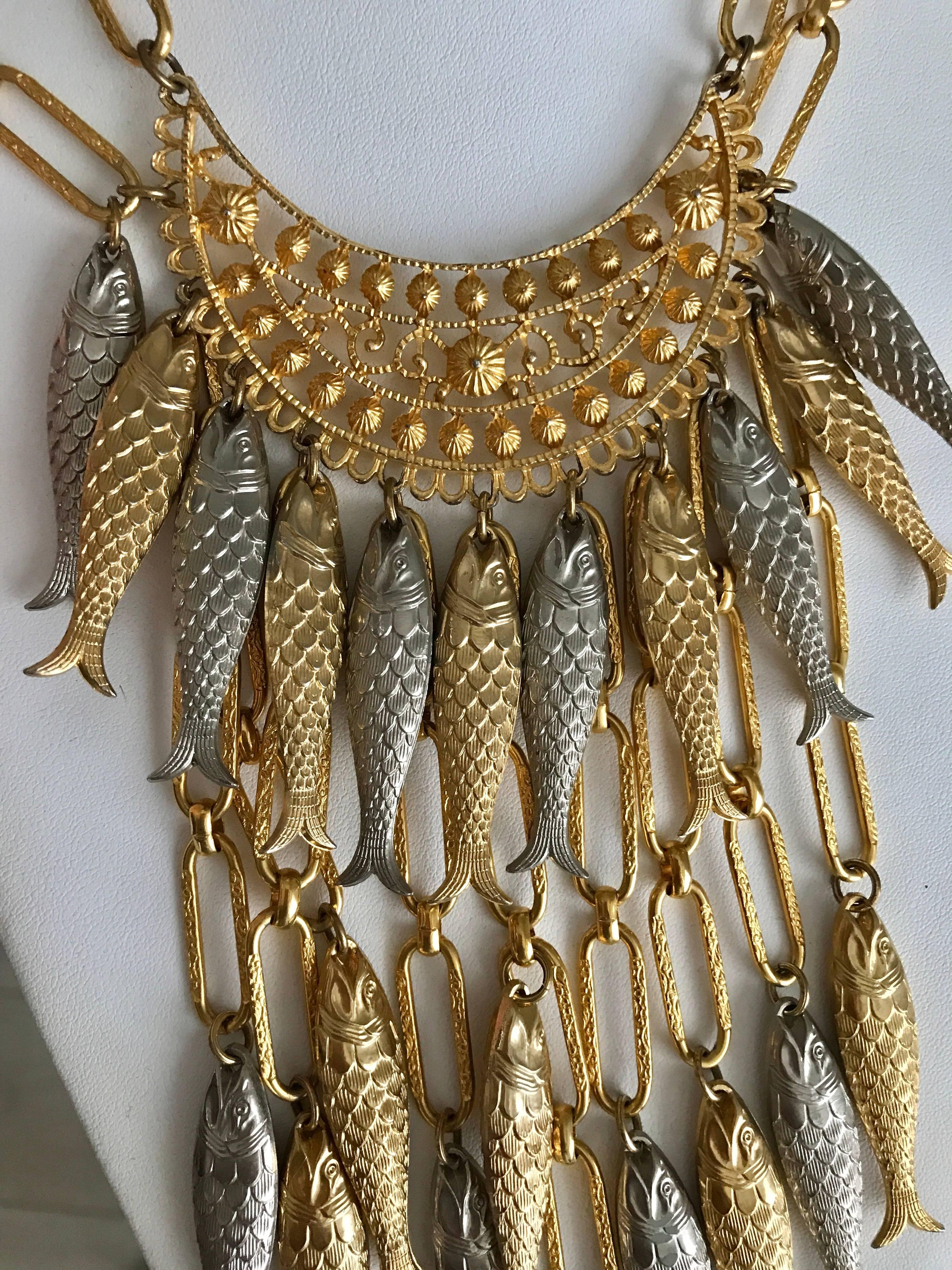 Egyptian Revival 1970s Gold and Silver Fish Bib Necklace with earring set