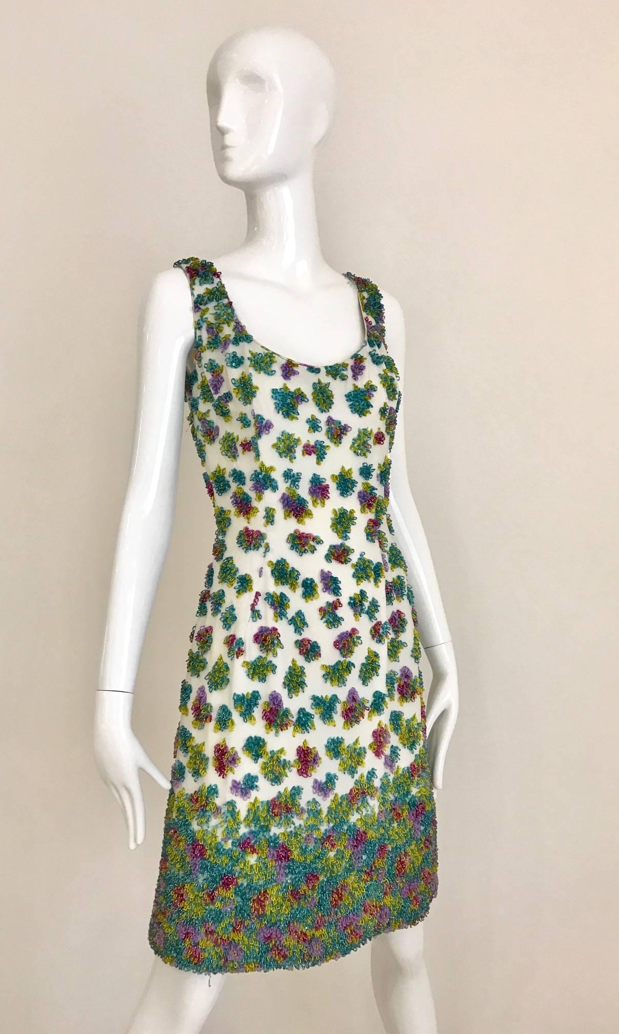 1950s Multi Color Beaded Sleeveles Cocktail Dress 1