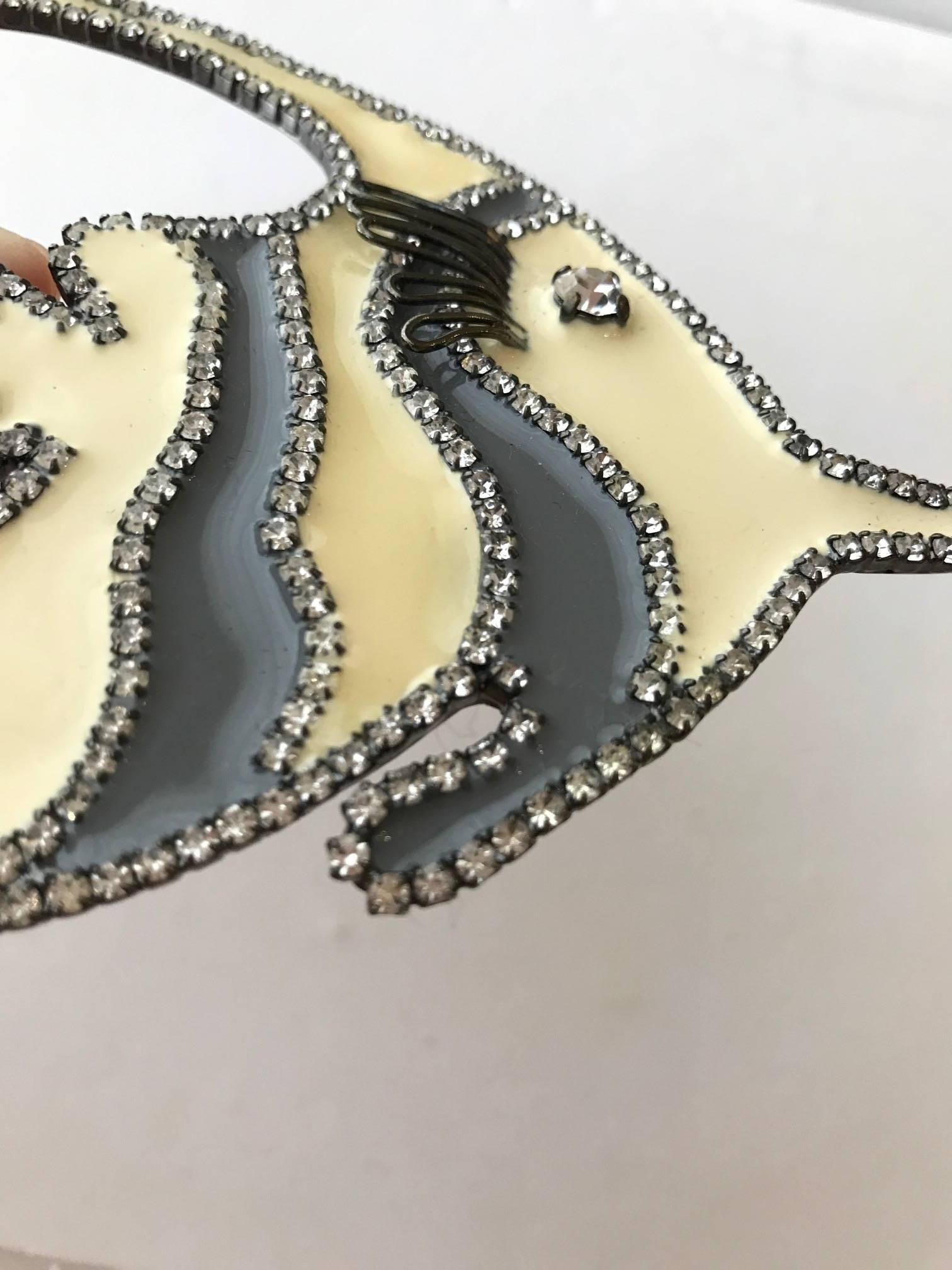 Contemporary 1980s GIORGIO ARMANI Grey and Creme Large Fish Brooch Pin with Rhinestones For Sale