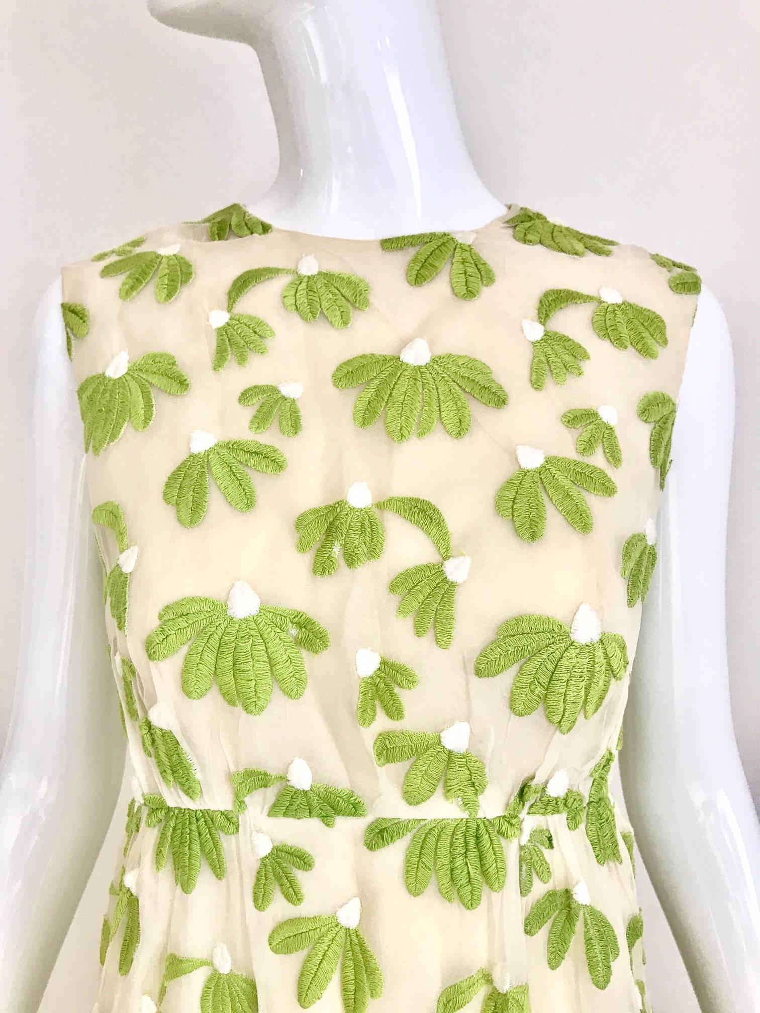 Beige 1960s Bob Bugnand Creme and  Green Cotton Embrodered Sleeveless Sheath Dress