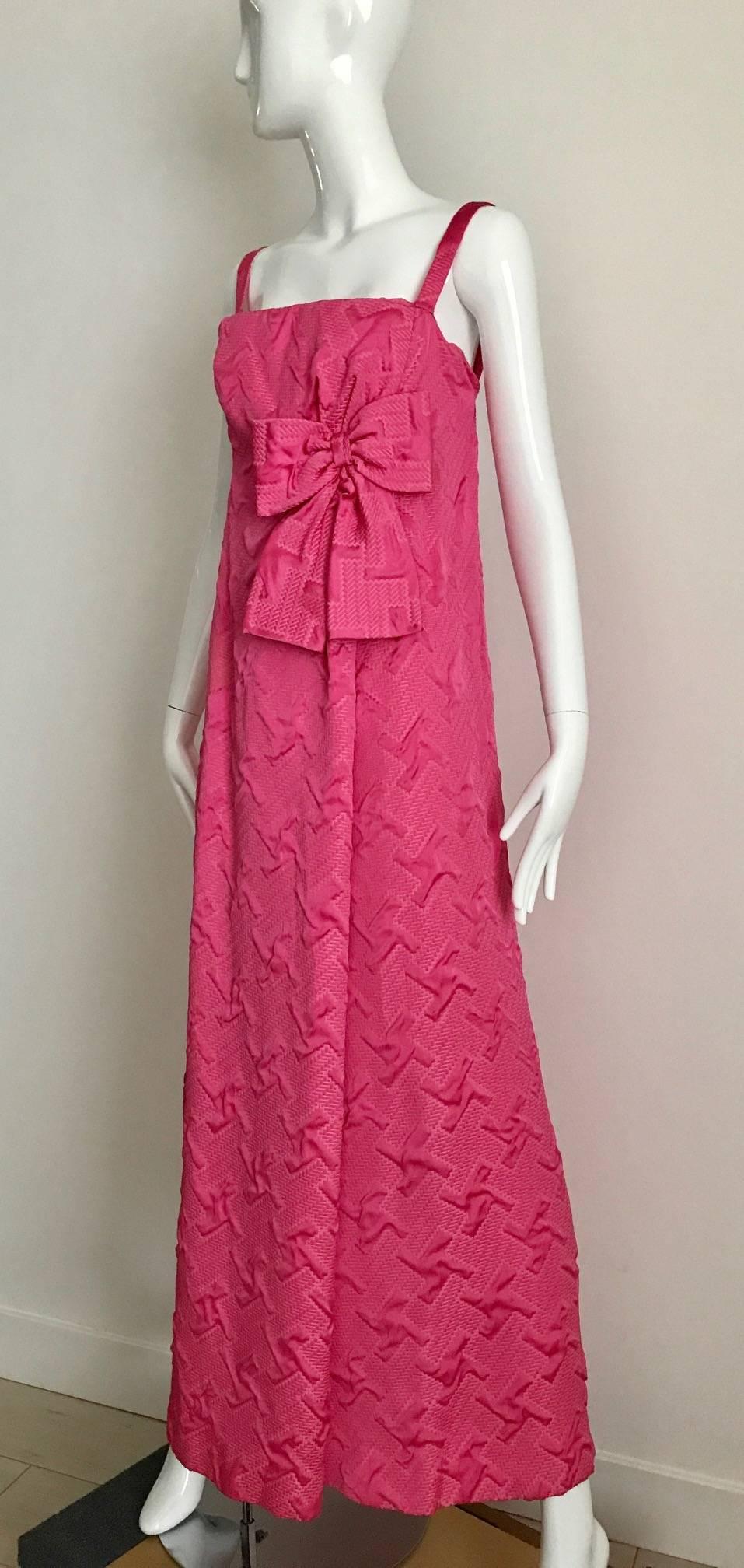Red 1960s Quilted Magenta Satin Brocade Gown For Sale