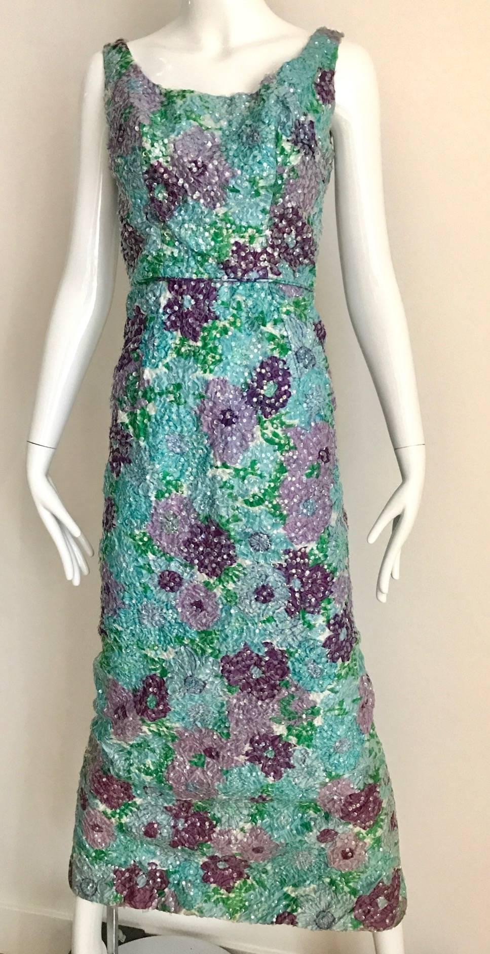 Gray 1960s Watercolor  Blue and Purple Floral Print Sleeveless Sheath Dress For Sale