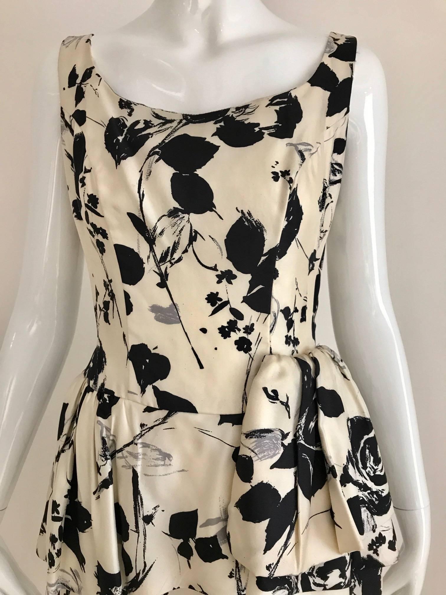 White 1960s Black and Ivory Floral Print Sleeveless Silk Sheath Vintage 60s Dress