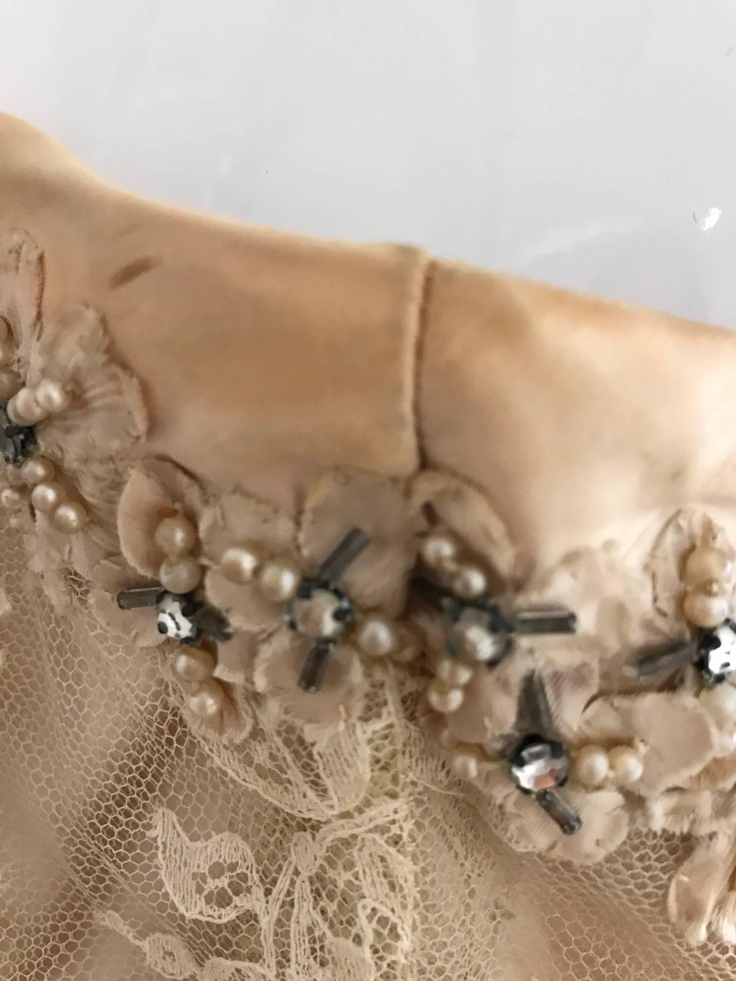 1950s Demi Couture Lace Satin Taupe Embroidered Strapless 50s Cocktail Dress 1