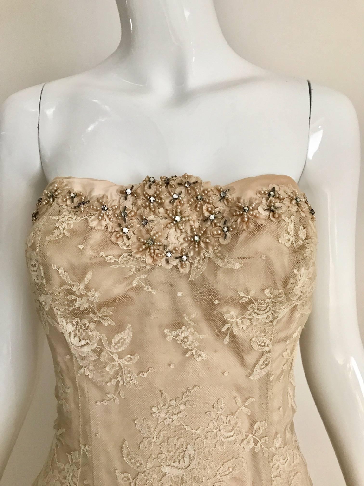 1950s Demi Couture Lace Satin Taupe Embroidered Strapless 50s Cocktail Dress In Good Condition In Beverly Hills, CA