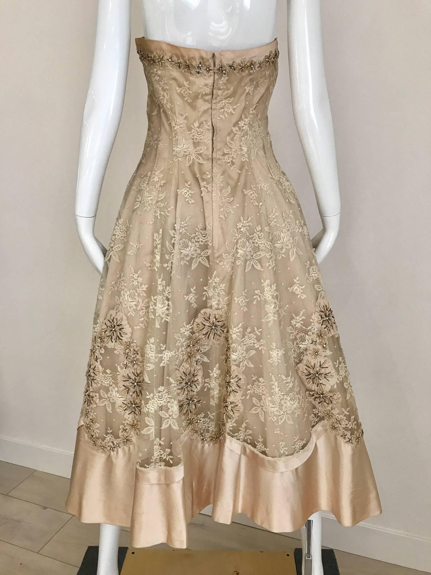 Beige 1950s Demi Couture Lace Satin Taupe Embroidered Strapless 50s Cocktail Dress