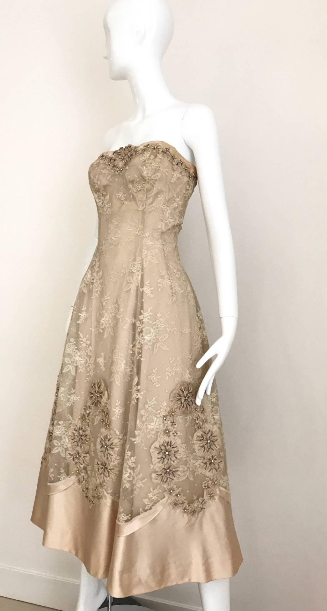Beautiful Demi - Couture Vintage 1950s Lace and Satin Taupe Embroidered Strapless  Cocktail Dress. The attention to detail on this dress is impeccable. Dress is made of satin and silk lace overlay with embroidered silk flower appliques beads and