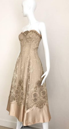 1950s Demi Couture Lace Satin Taupe Embroidered Strapless 50s Cocktail Dress
