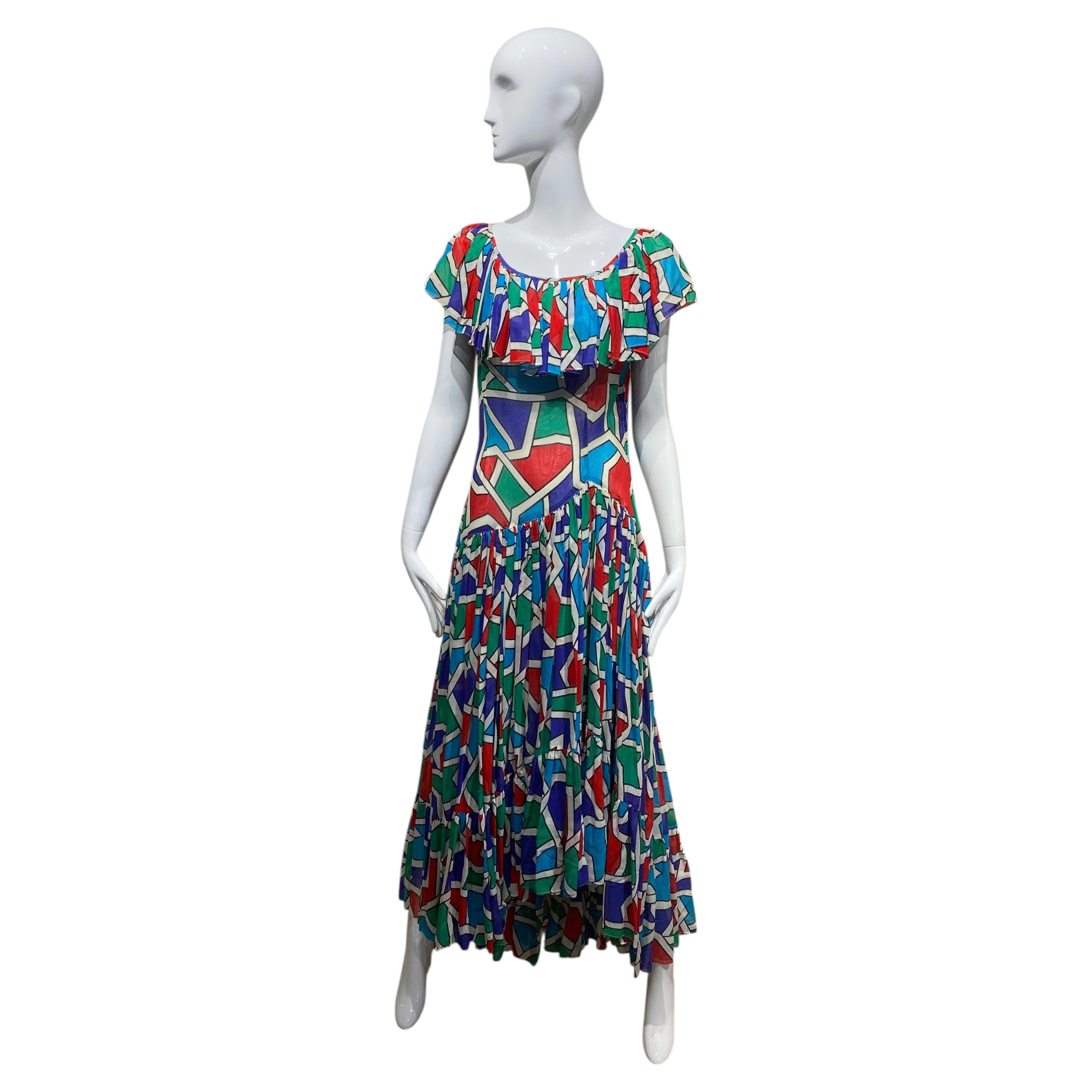 Vestido largo con volantes y estampado abstracto de Yves Saint Laurent Rive Gauche, de alrededor de 1980 en venta