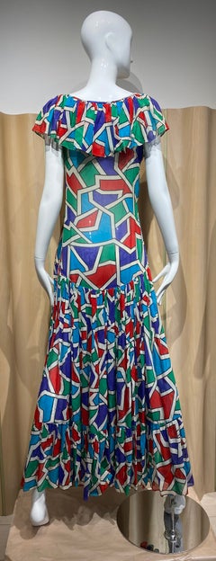 Circa 1980 Yves Saint Laurent Rive Gauche Abstract Print Ruffled Maxi Dress