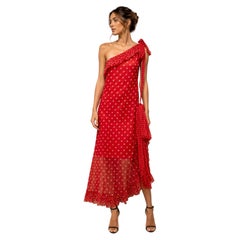Vintage Yves Saint Laurent Red and White Silk Polkadot One Shoulder Dress