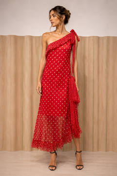 Vintage Yves Saint Laurent Red and White Silk Polkadot One Shoulder Dress