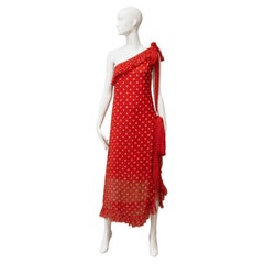 Vintage Yves Saint Laurent Red and White Silk Polkadot One Shoulder Dress