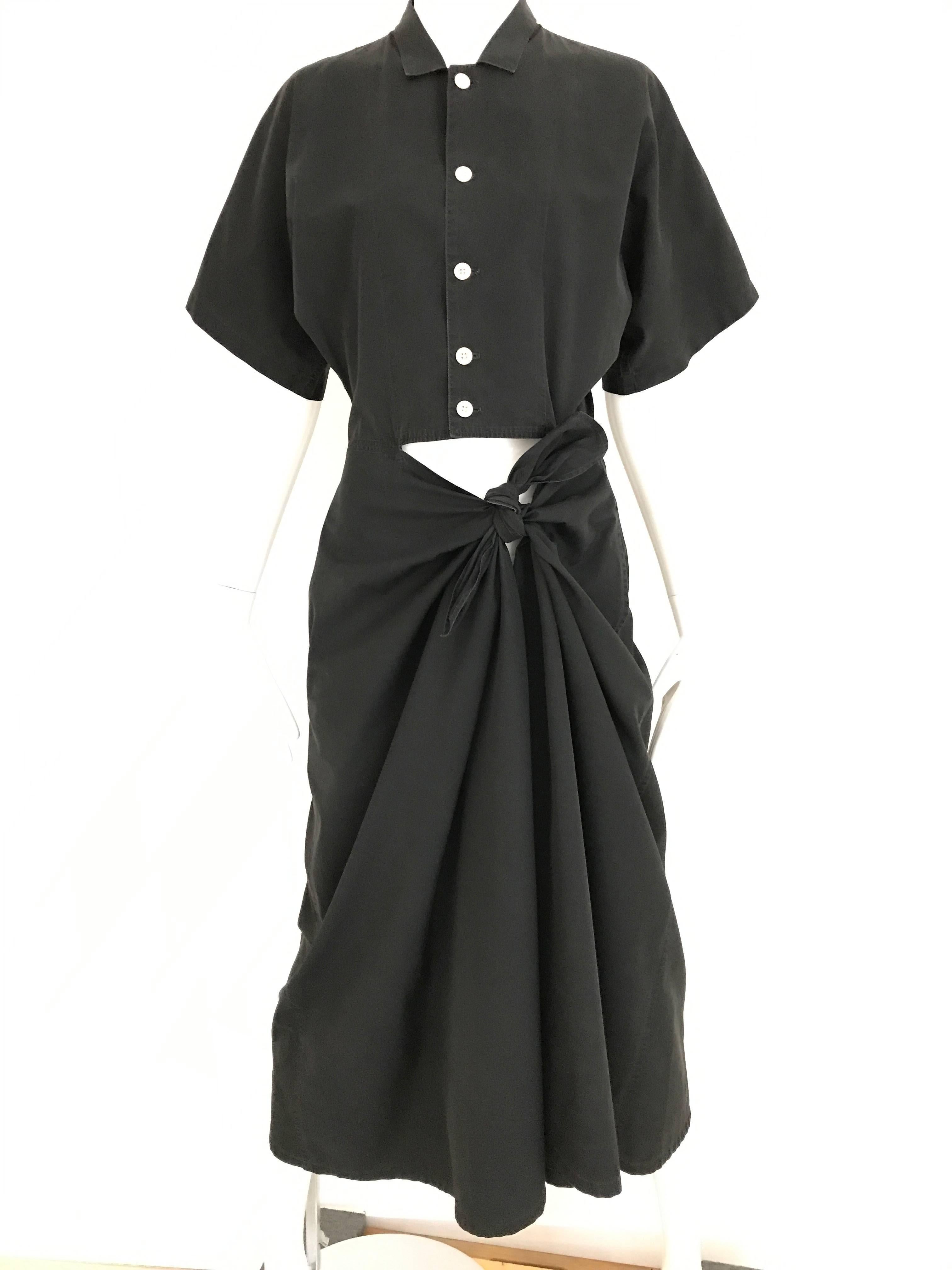1990s Yohji Yamamoto Black Cotton Dress with Cut out wrap skirt 2