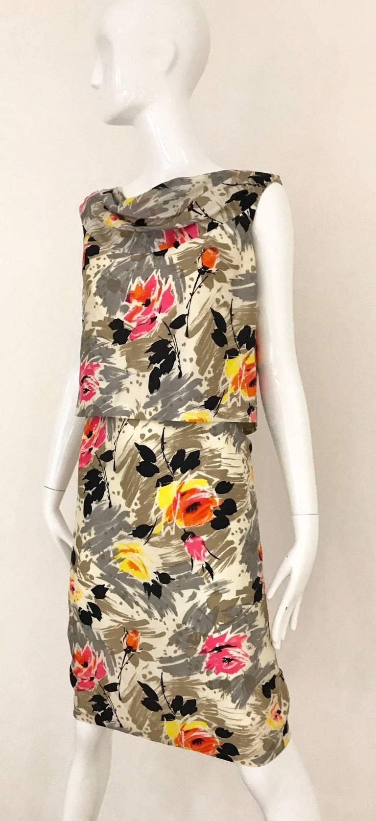 1950s Water Color Floral Print Sleeveles Silk 50s Dress at 1stDibs
