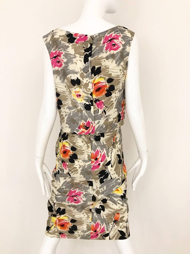 1950s Water Color Floral Print Sleeveles Silk 50s Dress at 1stDibs