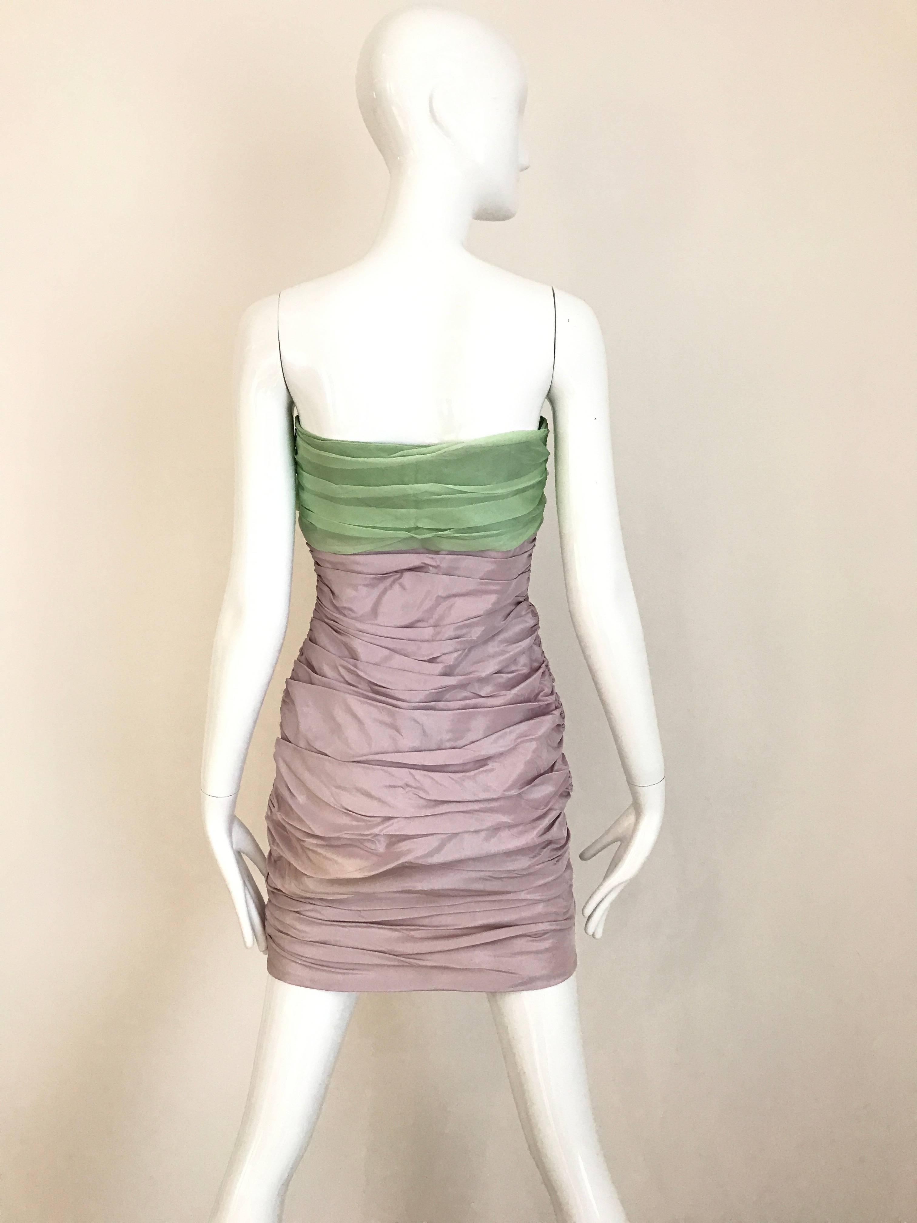 Brown Vintage ANGELO TARLAZZI Strapless Lilac and Green Silk Mini Cocktail 80s Dress
