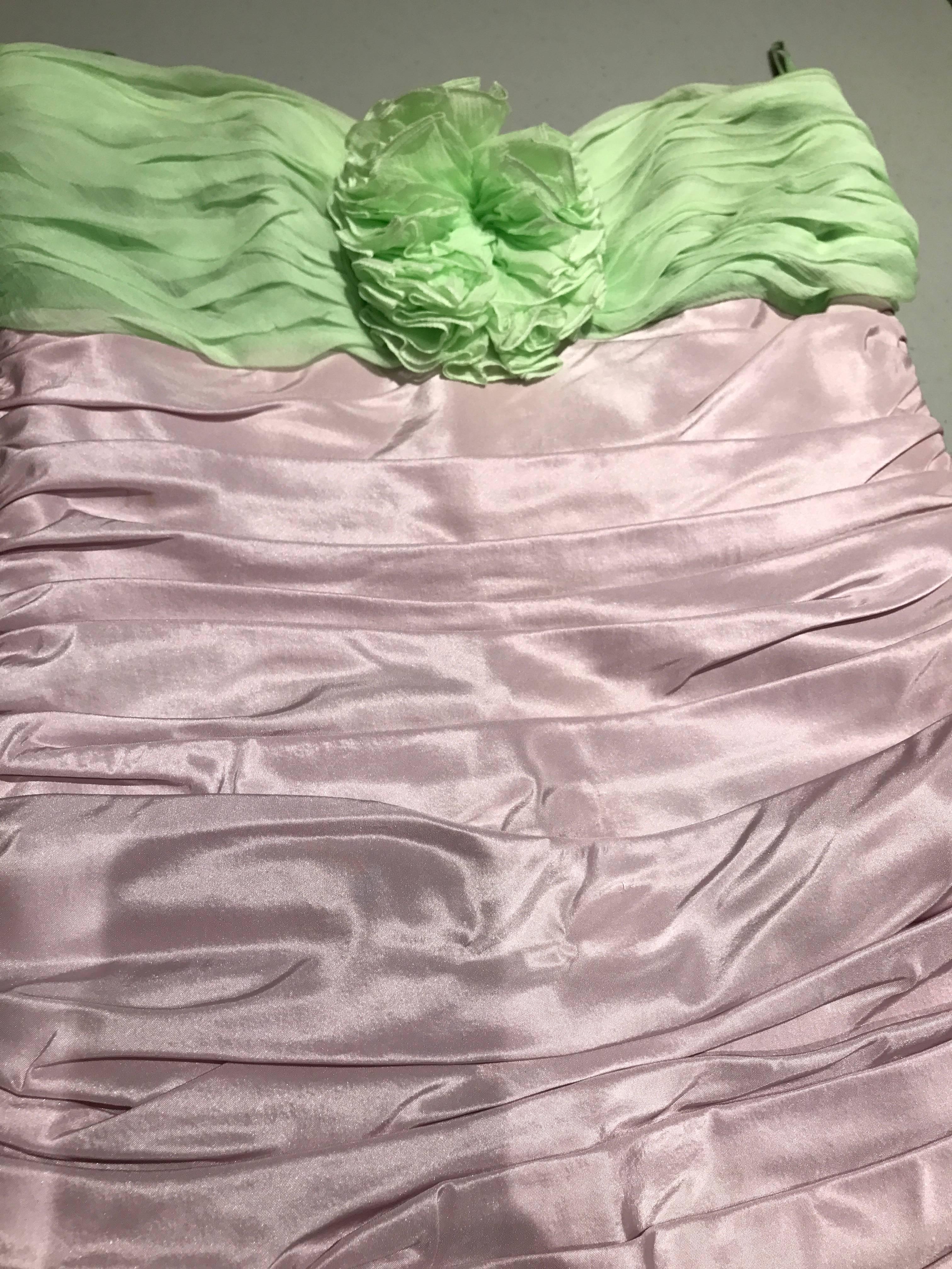Vintage ANGELO TARLAZZI Strapless Lilac and Green Silk Mini Cocktail 80s Dress 1