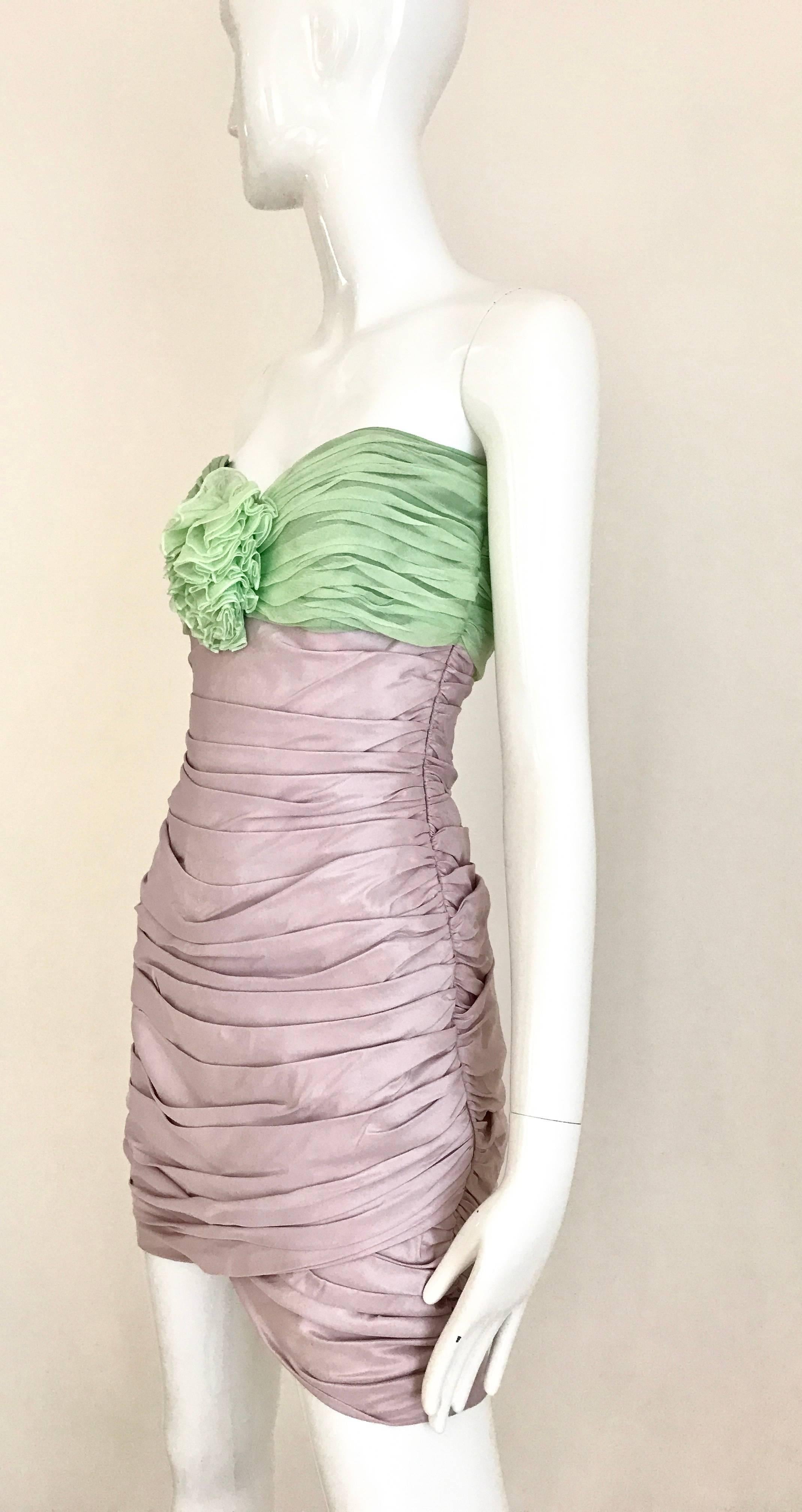 Vintage ANGELO TARLAZZI Strapless Lilac and Green Silk Mini Cocktail 80s Dress In Excellent Condition In Beverly Hills, CA