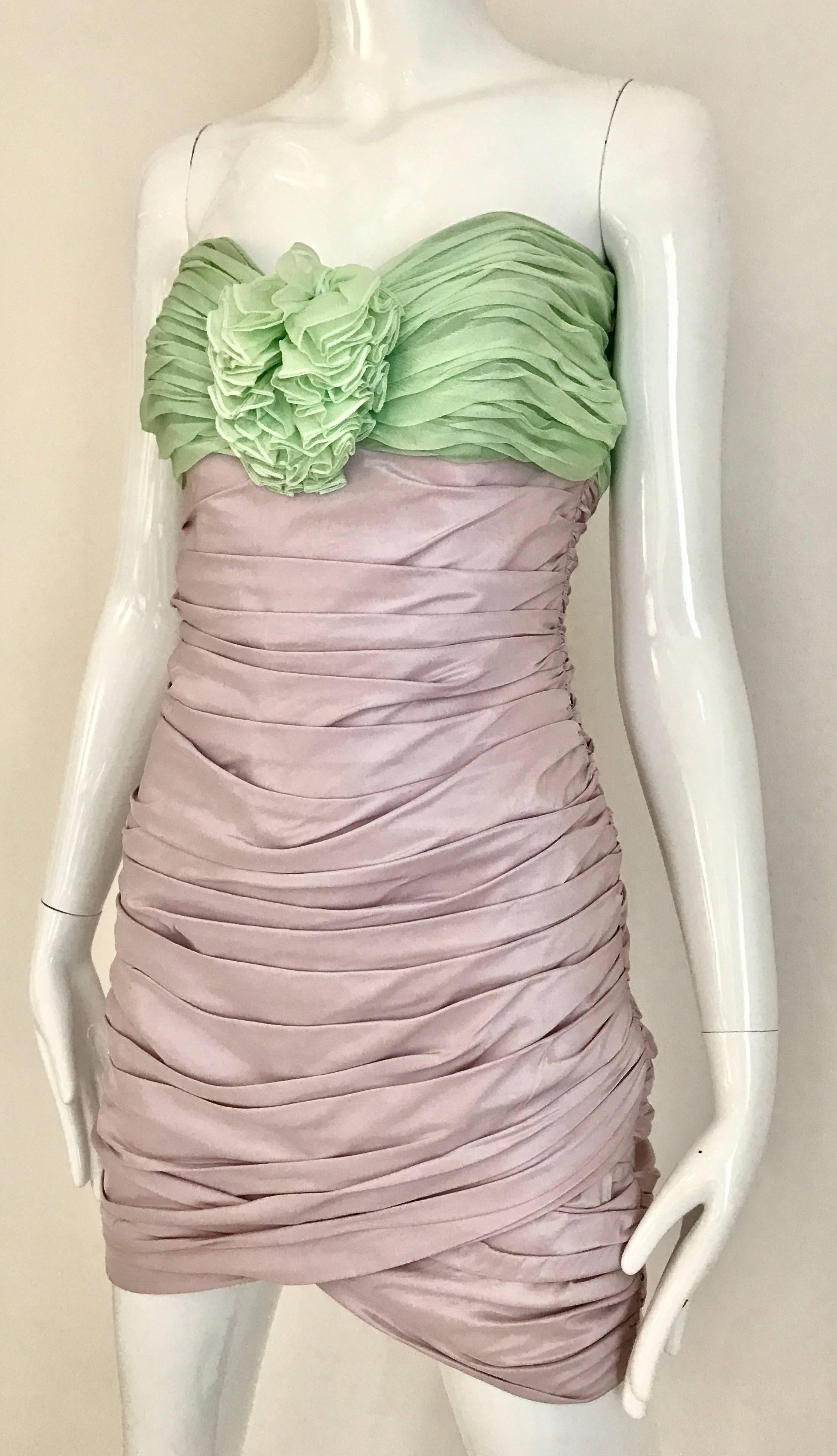 Vintage ANGELO TARLAZZI Strapless Lilac and Green Silk Mini Cocktail 80s Dress 2