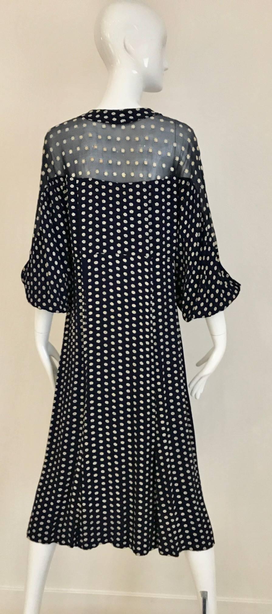 Black 1940s Navy Blue and White Embroidered Daisy Print Silk 40s Dress