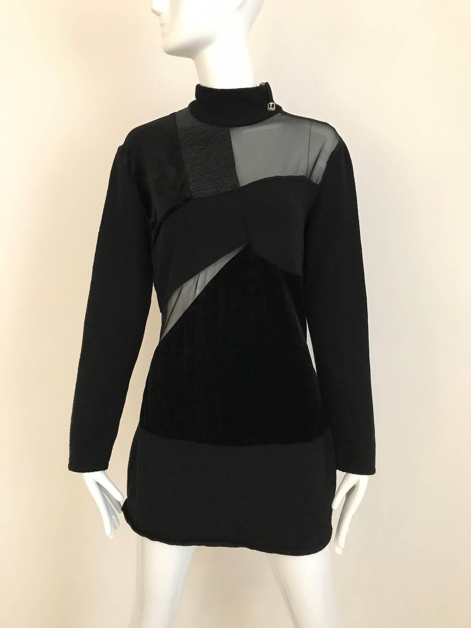 1980s Gianfranco Ferre Black Velour Sheer Long Sleeve mini knit sweater  dress or Top. 
Size: Medium  
Bust : 36  stretch up to 40