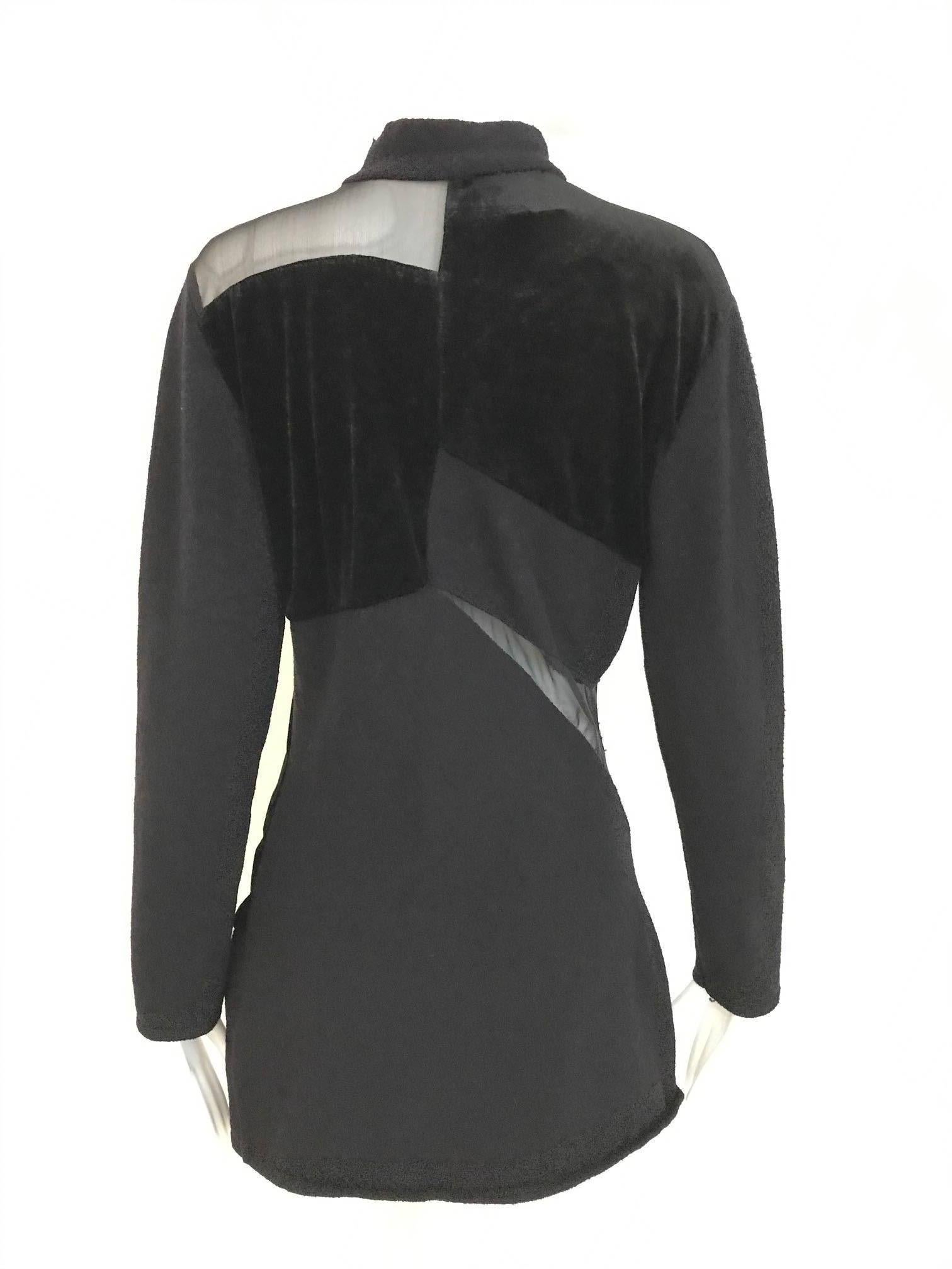 Vintage Gianfranco Ferre Black Velour Sheer  Long Sleeve Mini Sweater 80s dress For Sale 1